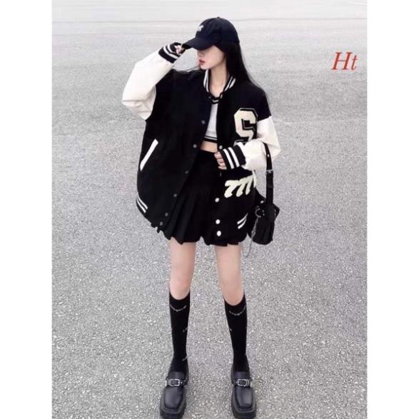 Áo khoác bomber phối tay trắng S M Ht