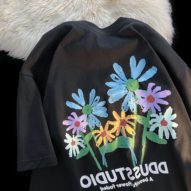 Áo thun ZHELIHANGFEI ngắn tay dáng rộng in hoa graffiti cá tính dành cho cặp đôi