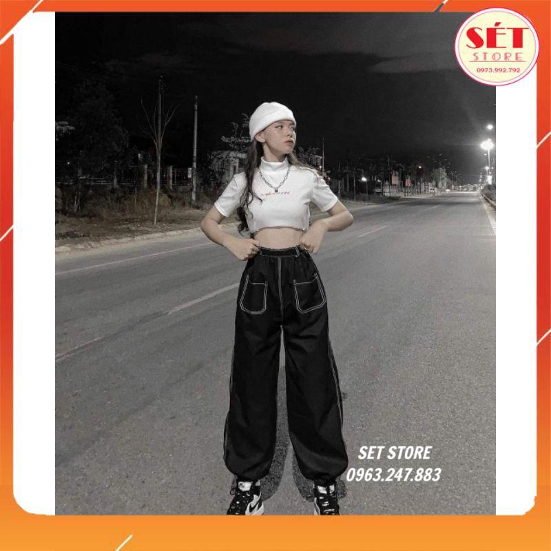 Quần ống rộng dáng Jogger bo gấu ,chỉ nổi giả bò siêu đẹp - KA0123,1 màu Đen -Setstore