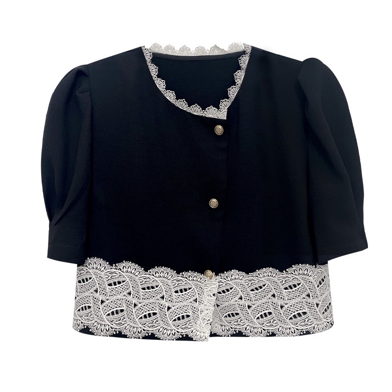 Áo kiểu SUXI ngắn tay phối ren màu sắc đơn giản phong cách Hàn Quốc