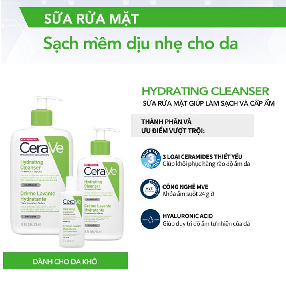 Sữa Rửa Mặt Cerave Hydrating Facial Cleanser Cho Da Thường Da Khô