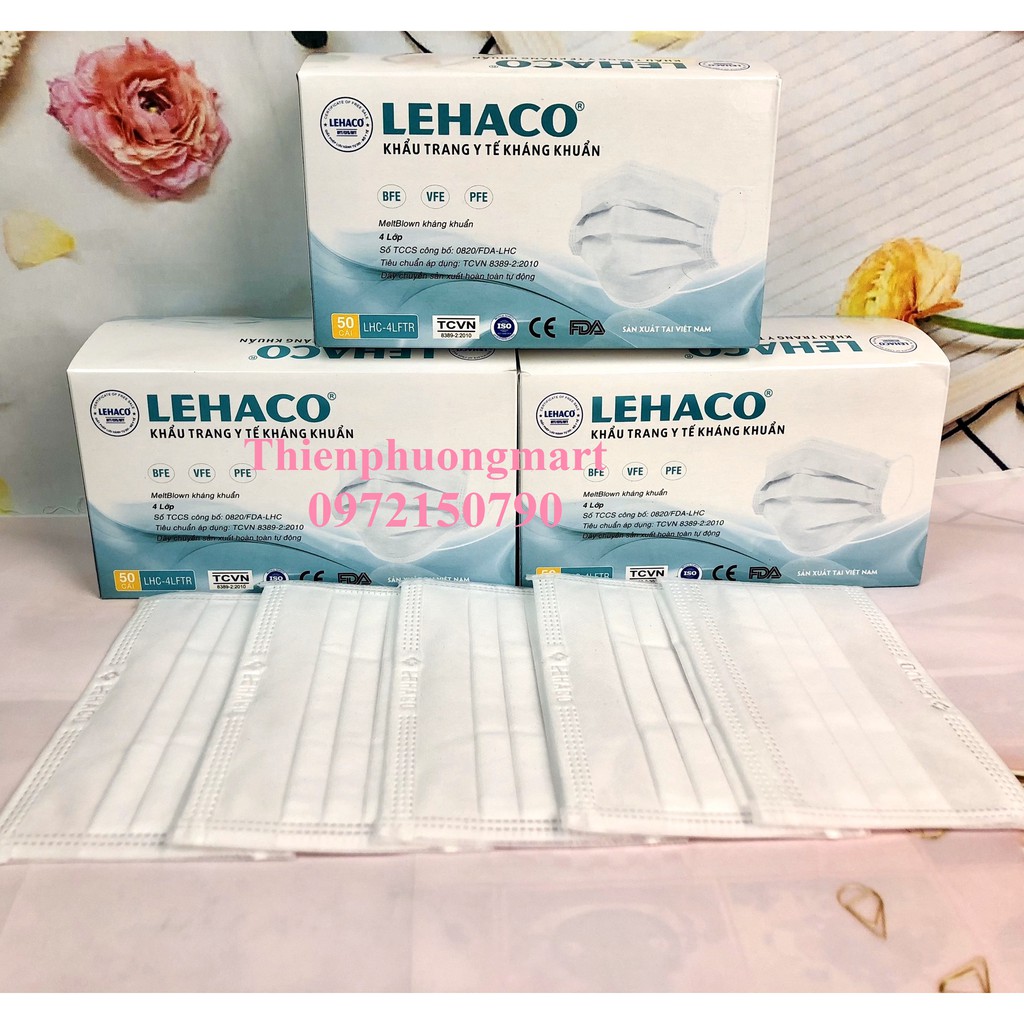 Khẩu trang Y tế Lehaco Màu Trắng 4 lớp kháng khuẩn 50 cái/ hộp - Khẩu trang kháng khuẩn Lehaco