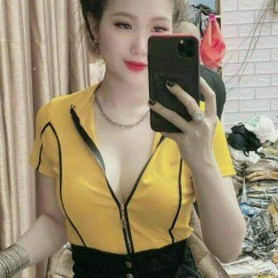 Áo thun croptop cổ trụ phối dây kéo cao cấp