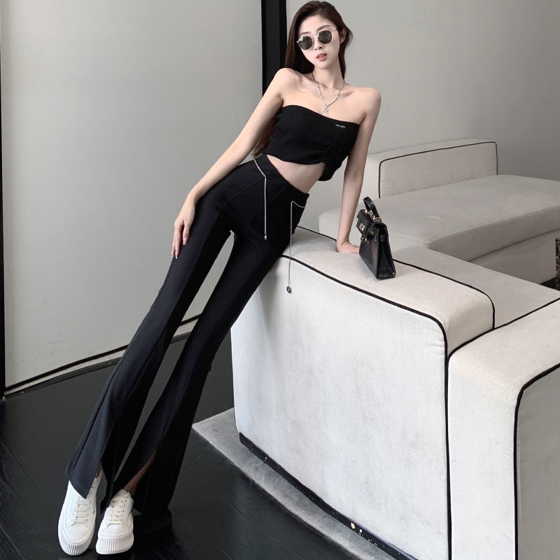 Quần Dài Ống Loe Lưng Cao Xẻ Tà Màu Đen Thời Trang Mùa Hè Cho Nữ