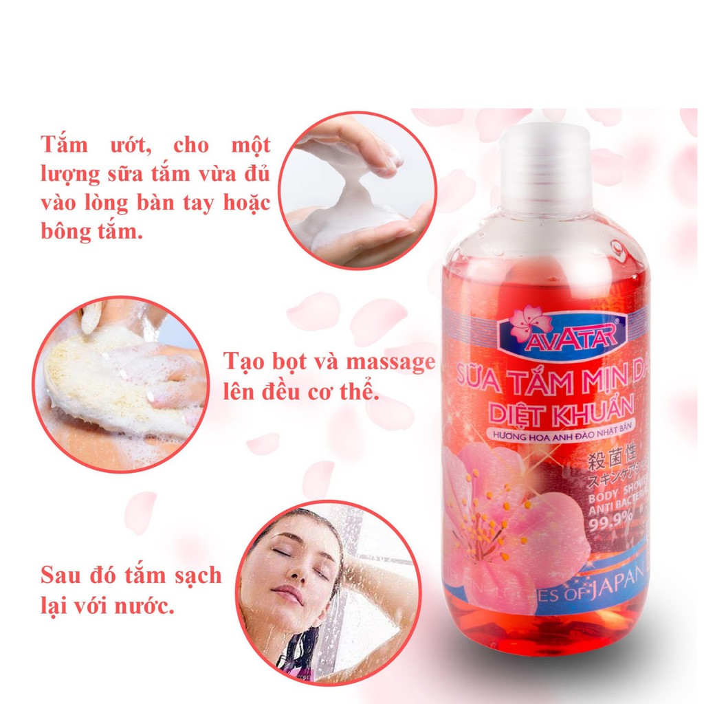 Sữa tắm mịn da diệt khuẩn 99.9% AVATAR 500ml - Hương hoa Anh Đào