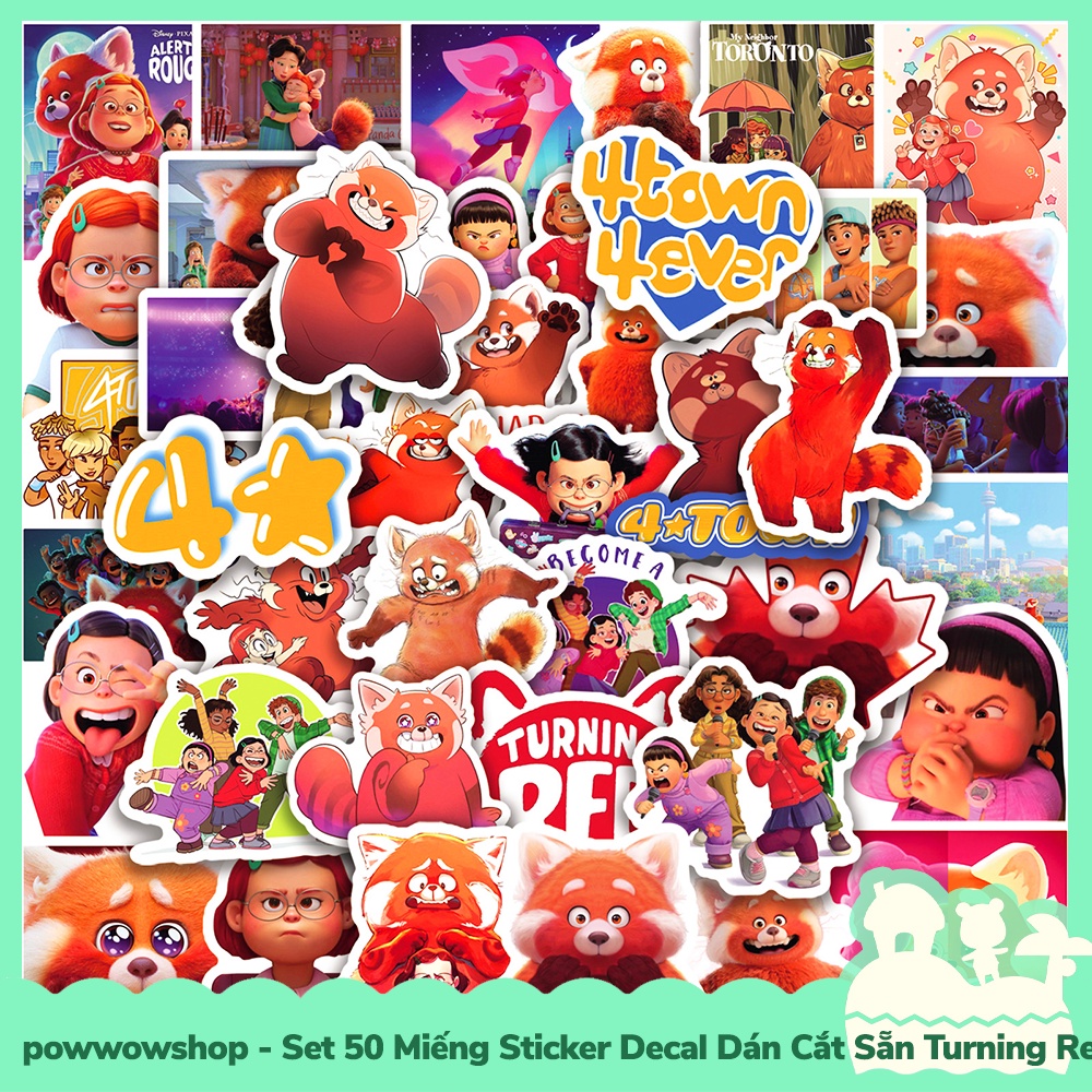 Set 50 Miếng Sticker Decal Cắt Sẵn DIY Dán Trang Trí Vật Dụng Mẫu Gấu Đỏ Red Bear Turning Red Large