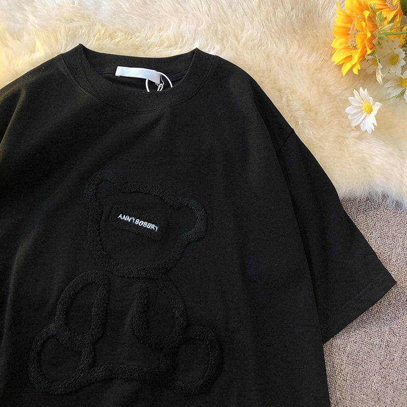 Áo thun ngắn tay họa tiết thêu hình gấu thời trang mùa hè 2021 dành cho nữ