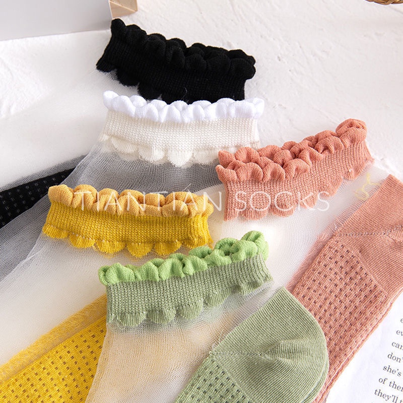 TIAN TIAN T157 Vớ nữ Cotton Mỏng Cổ Thấp Phối Ren Lưới Xuyên Thấu Thoáng Khí Thời Trang Mùa Hè