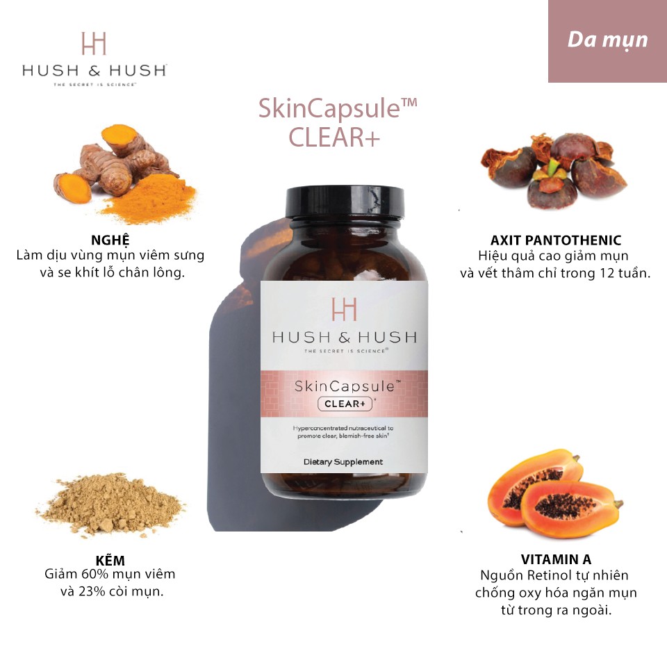 [CÓ TEM - CHÍNH HÃNG] Viên Uống Giảm Mụn, Kiểm Soát Dầu Nhờn Image Hush & Hush SkinCapsule Clear+