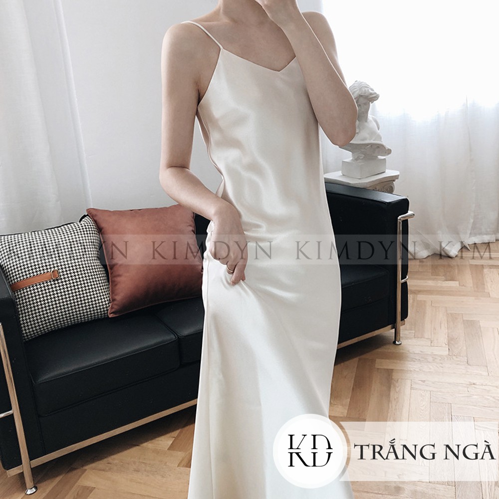 Đầm hai dây lụa satin dày dặn 2 lớp dáng A sang trọng