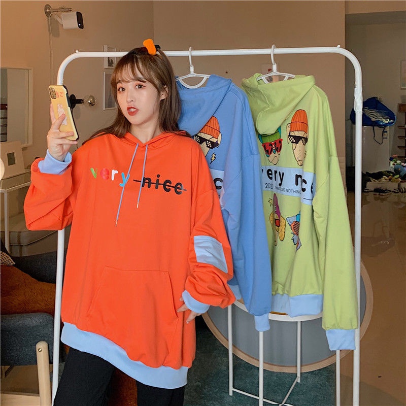 ZHELIHANGFEI Áo Hoodie Tay Dài Form Rộng Họa Tiết In Theo Phong Cách Preppy Dễ Phối Đồ