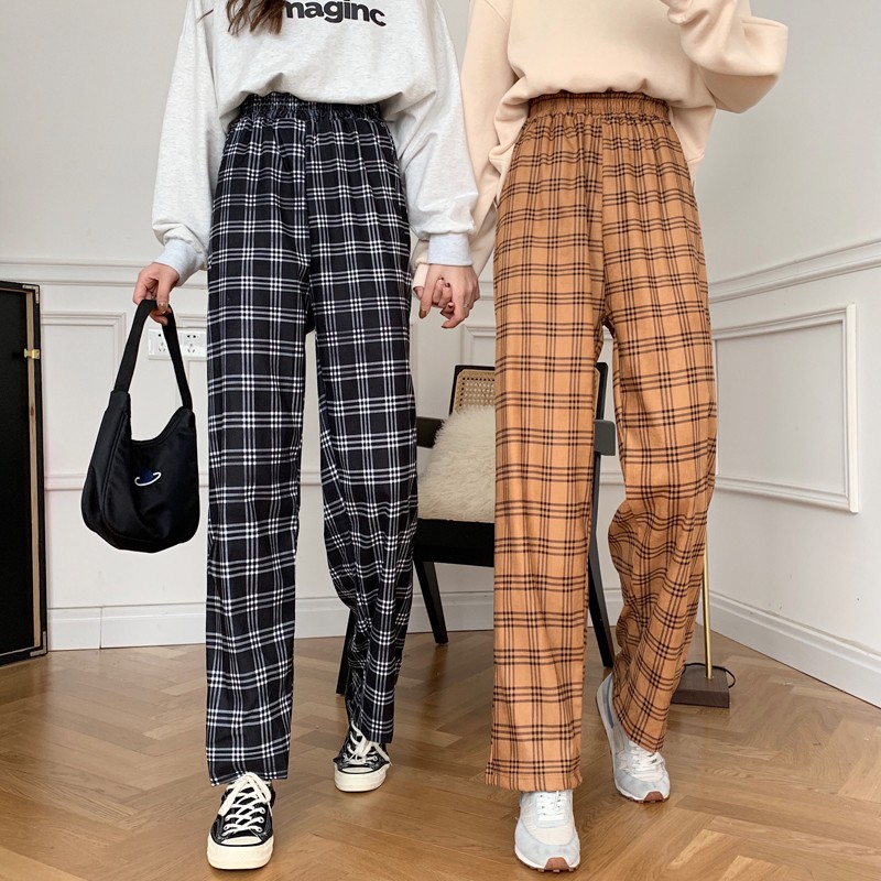 Quần Dài Ống Rộng Họa Tiết Ca Rô Phong Cách Hàn Quốc Dành Cho Nữ