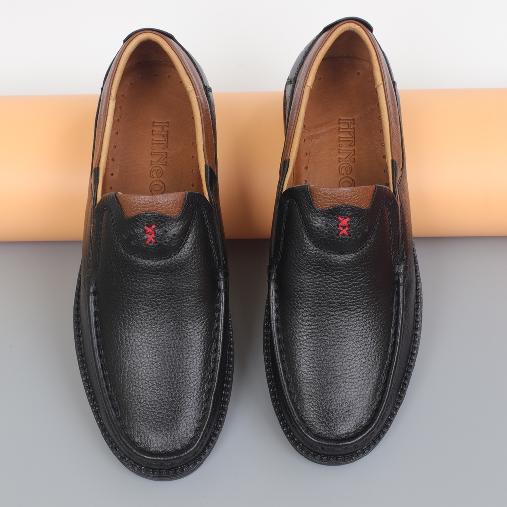 Giày lười nam da bò cao cấp, giày lười đế bằng da bò vân hạt - HT.NeO
