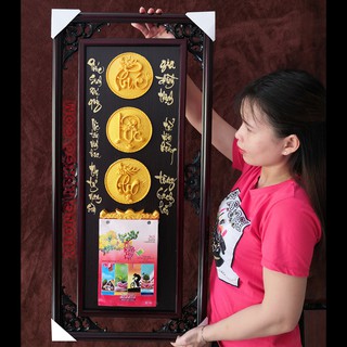 Lịch treo tường Phúc Lộc Thọ khung gỗ tượng mạ vàng đúc nổi, lịch gỗ cao cấp trang trí phòng khách