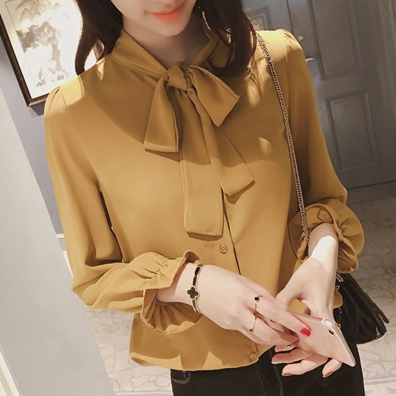 Áo Blouse nữ tay dài cổ thắt nơ phong cách Hàn Quốc