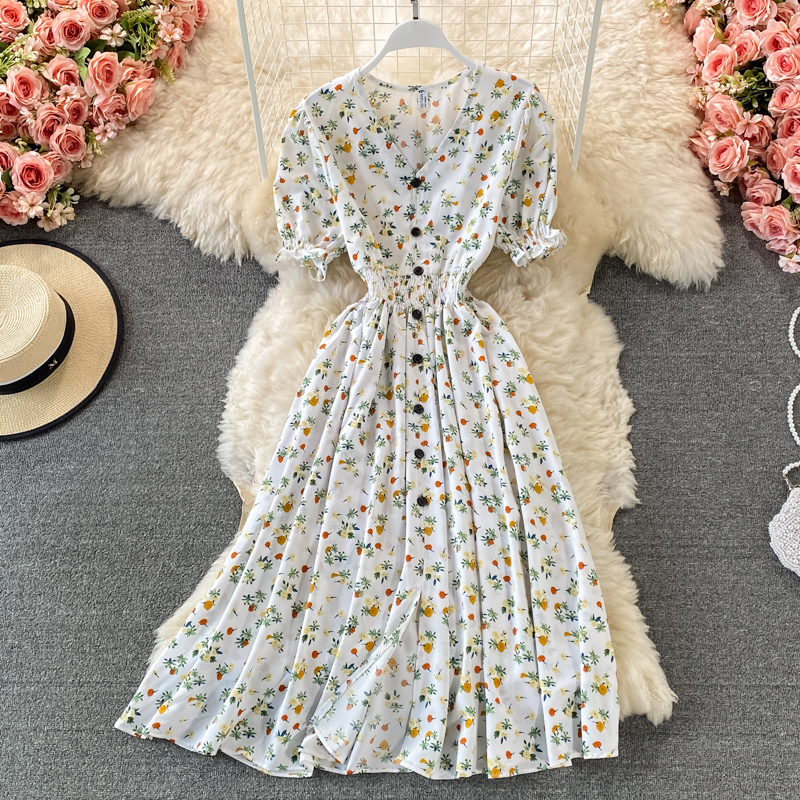 Đầm Chiffon Tay Ngắn Cổ Chữ V In Họa Tiết Hoa Phong Cách Hàn Quốc Thời Trang Cho Nữ