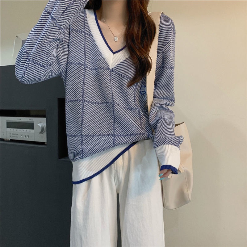 Áo Sweater Dệt Kim Tay Dài Cổ Chữ V Thiết Kế Mới Năng Động Thời Trang