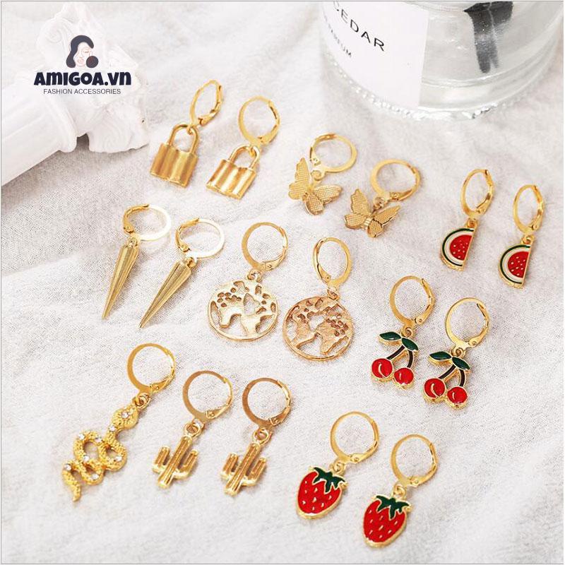 Bộ 9 Khuyên Tai Hình Trái Cây/Động Vật/Trái Cây Đơn Giản Sáng Tạo Cổ Điển Thời Trang