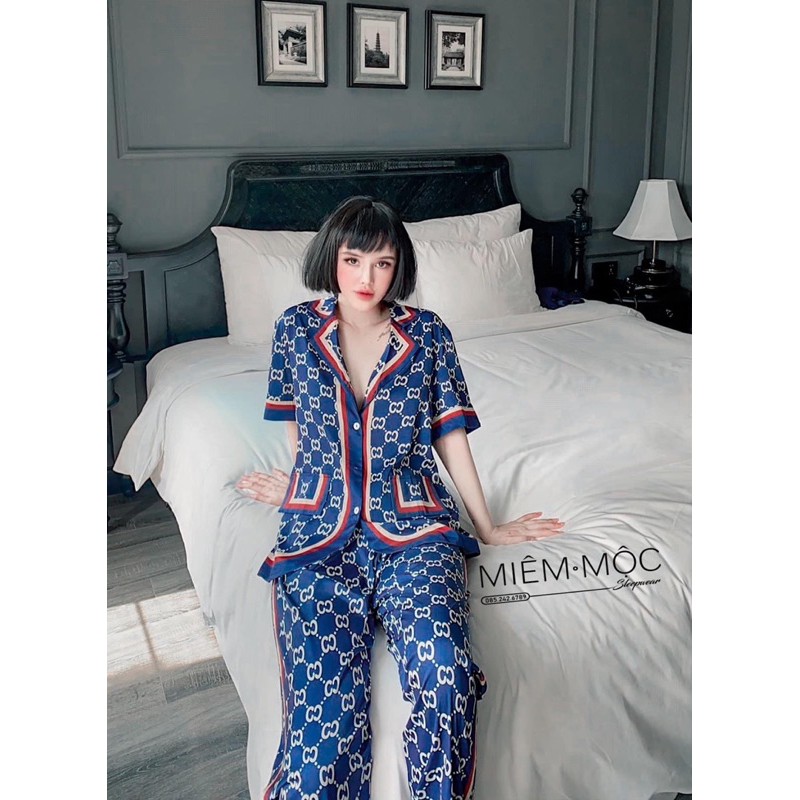 BỘ PIJAMA CỘC DÀI HOẠ TIẾT G C XANH CAO CẤP