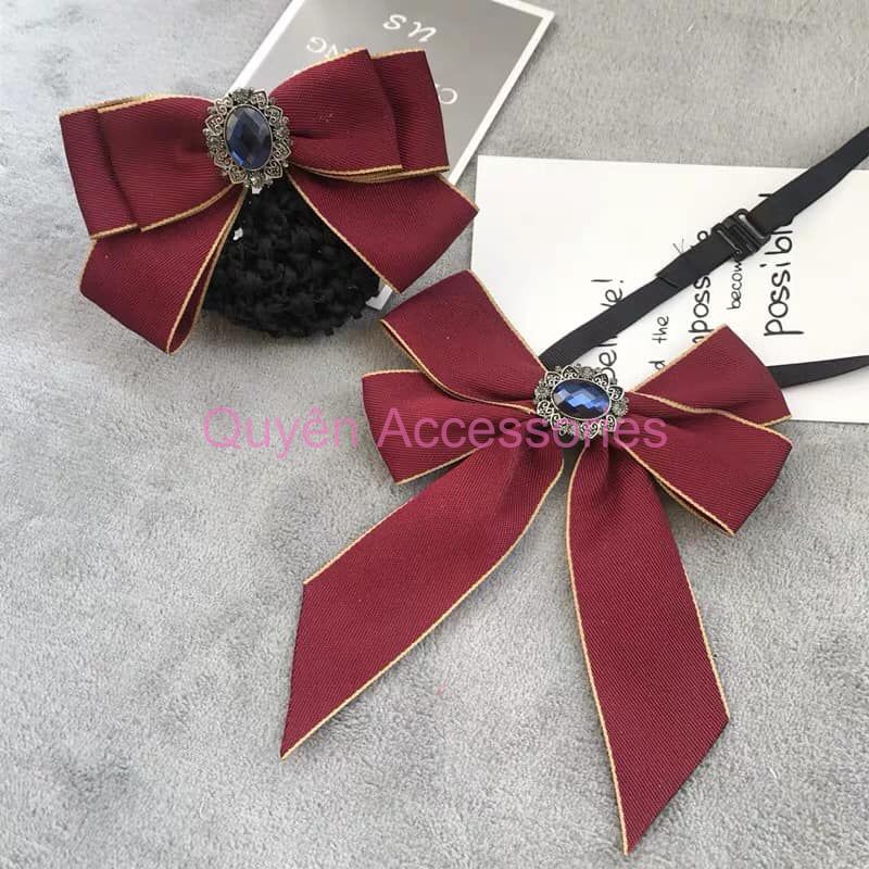 Combo kẹp búi tóc kèm nơ cổ áo đỏ đính đá