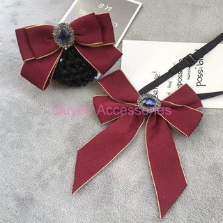 Combo kẹp búi tóc kèm nơ cổ áo đỏ đính đá
