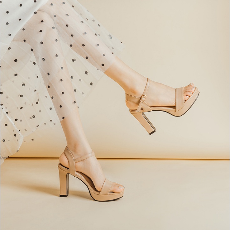 Giày Sandal cao gót 12cm Mã CH009 đế đúp, gót trụ, quai ngang,Giày cao gót đế vuông cao 12cm