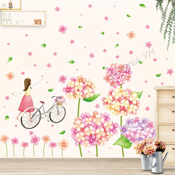 Decal dán tường trang trí phòng khách, phòng ngủ, phòng ăn, quán cafe- Cô gái bên hoa bồ công anh