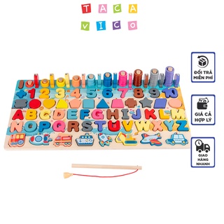Bảng chữ cái đa năng bằng gỗ-TACAVICO. Bảng chữ cái 6 in 1, câu cá, ghép hình,xếp vòng,chữ cái,chữ số