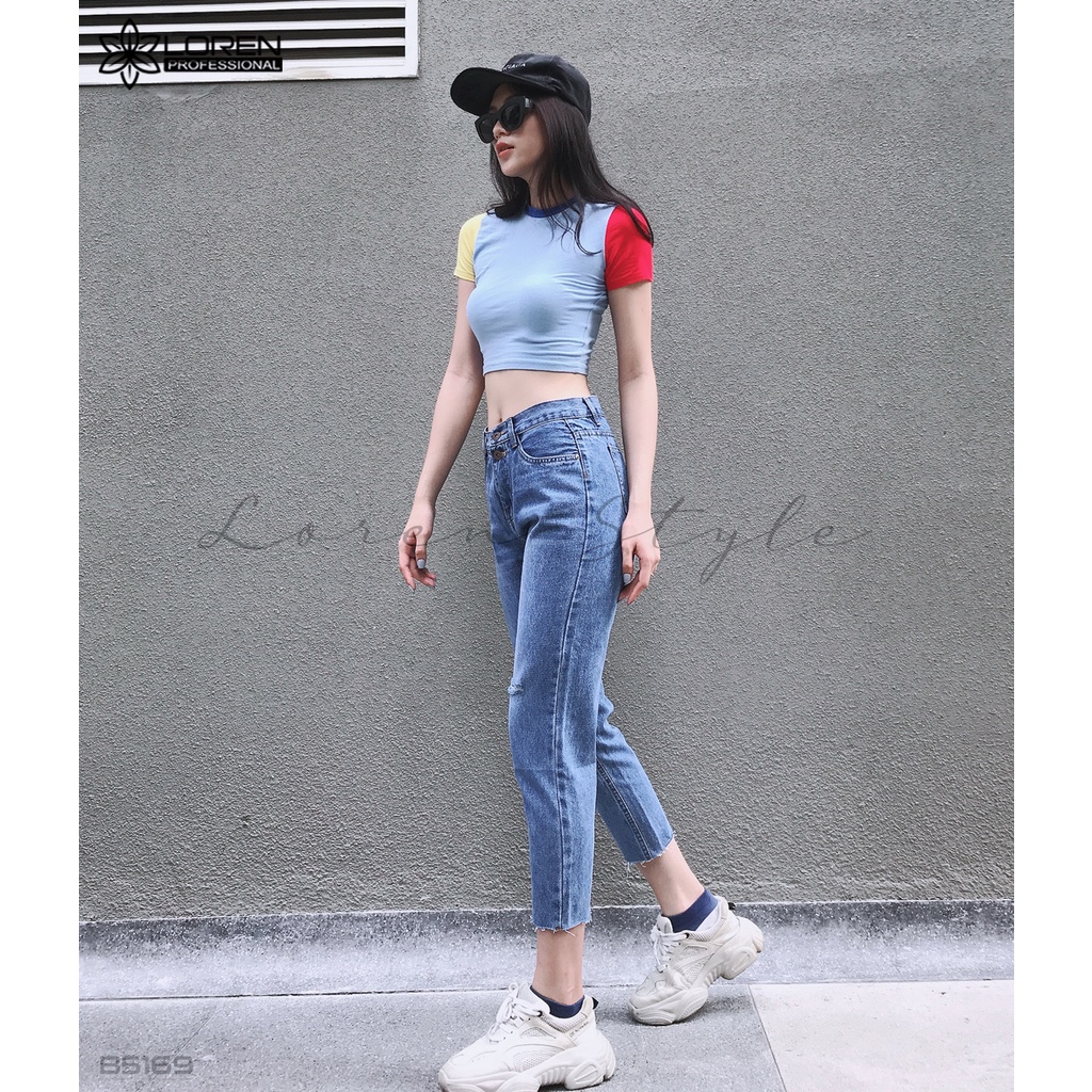 Quần jean baggy LOREN kiểu nút tua xanh B5169