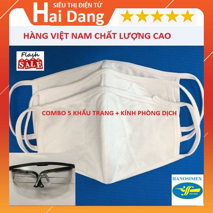 Combo 5 Khẩu Trang Vải, Kháng Khuẩn Hanosimex + 1 Kính Phòng Dịch Chặn Giọt Bắn