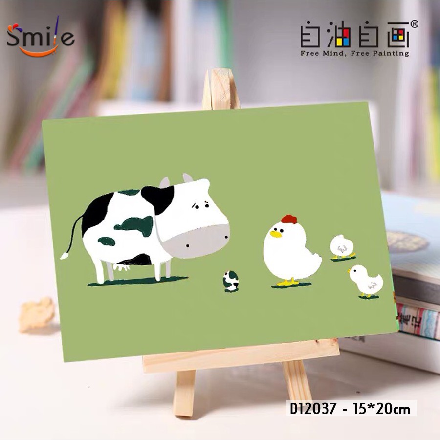 Tranh số hóa cao cấp tự tô màu theo số Smile size nhỏ cho bé Bò sữa và đàn gà D12037