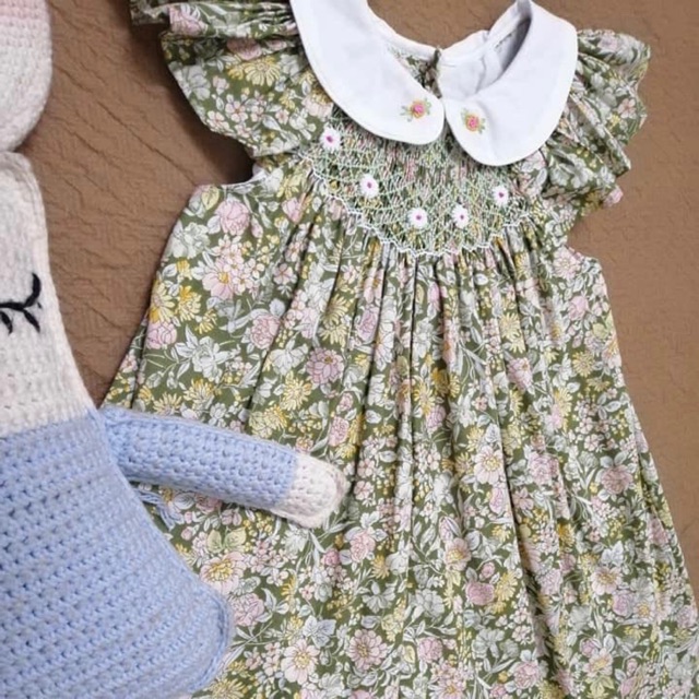 Smock Hoa Xanh Vàng Cổ Sen
