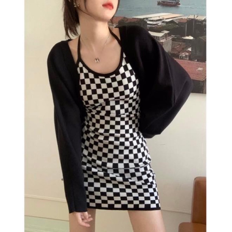 Đầm yếm ngắn kiểu nữ sọc caro ôm sát body hở lưng - Order taobao quảng châu