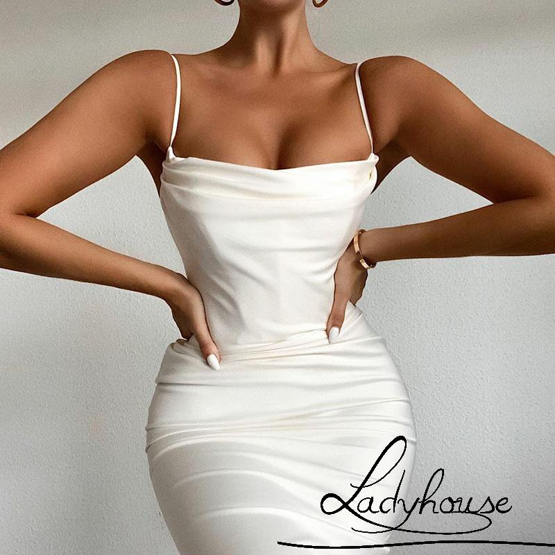 LD-Women Slim Slip Dress, Adults Sexy Sleeveless Solid Color Spaghetti Strap One-piece