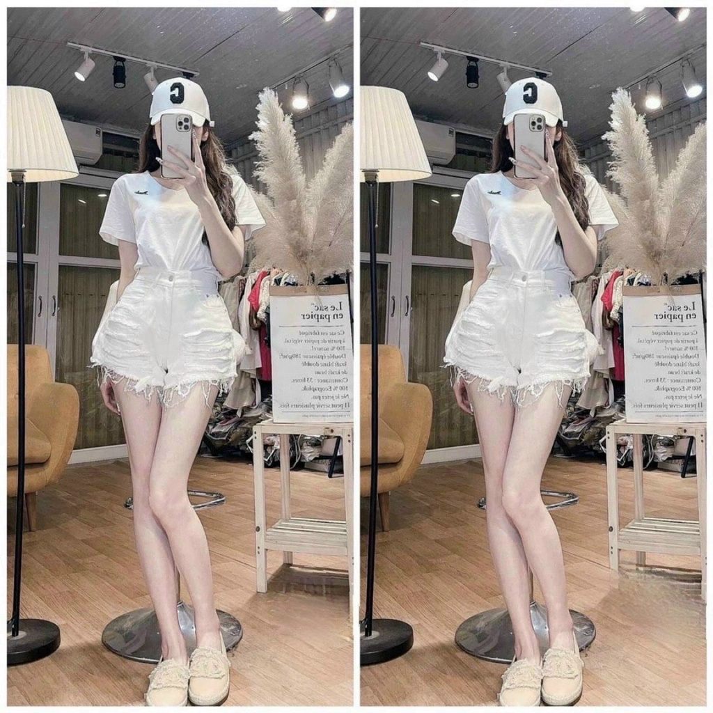 Quần short jean trắng rách quần đùi jean lưng cao