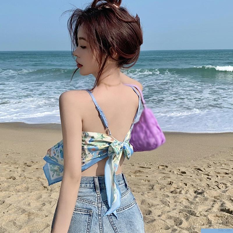 Áo Croptop Hai Dây Hở Lưng Thắt Nơ In Họa Tiết Thời Trang Quyến Rũ Cho Nữ