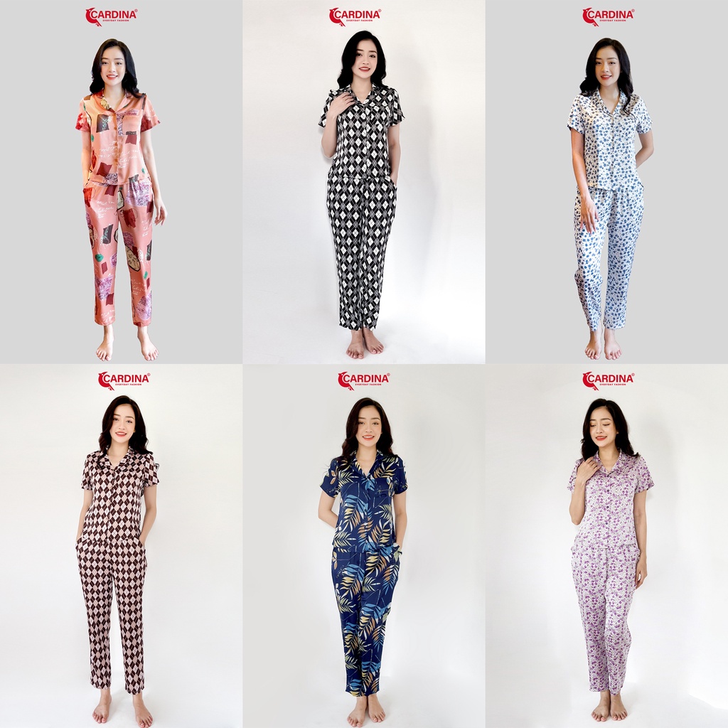 Đồ Bộ Pijama Nữ 𝐂𝐀𝐑𝐃𝐈𝐍𝐀 Chất Lụa Satin Nhật Cao Cấp Áo Cộc Tay Quần Dài Họa Tiết Trẻ Trung 2Pi15