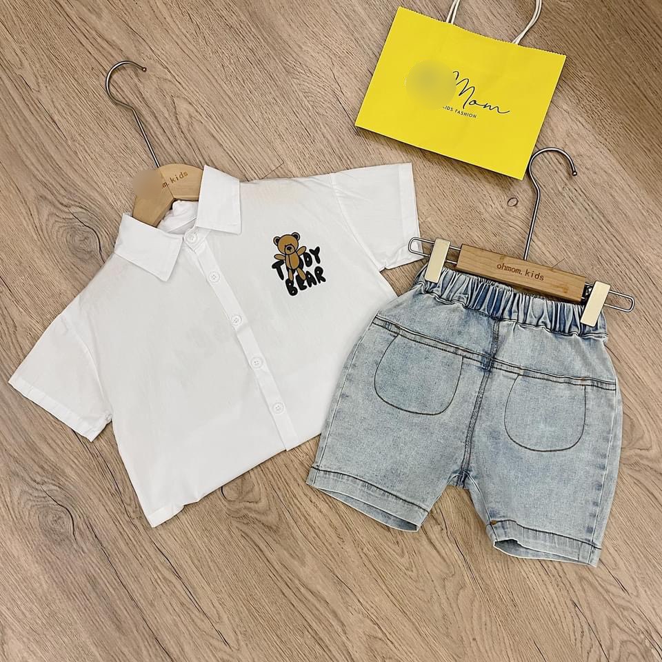 Set sơ mi gấu nâu Tedy Bear cộc tay phối quần jean cực đẹp cho bé trai bé gái Namkidshop (V539)