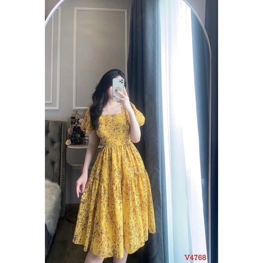 Đầm Hoa Tiểu Thư Tay Phồng Voan Lụa 2 Lớp