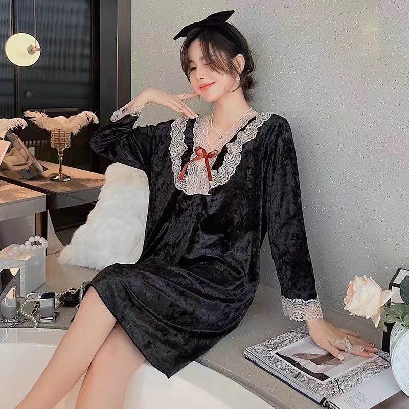 Đầm Ngủ Tay Dài Chất Liệu Nhung Dày Dặn Giữ Ấm Màu Vàng Mới Thời Trang Thu Đông Cho Nữ 2021