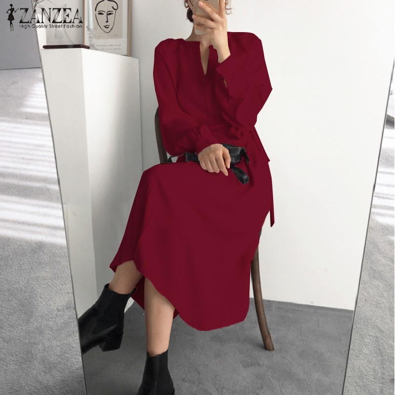 ZANZEA Đầm Dáng Dài Cổ Chữ V Tay Phồng Thời Trang Nữ Dễ Thương | BigBuy360 - bigbuy360.vn