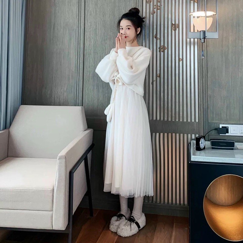 SET CÔNG CHÚA VÁY 2 DÂY CHÂN VOAN VÀ ÁO DẠ LÔNG KÈM TÚI ĐEO