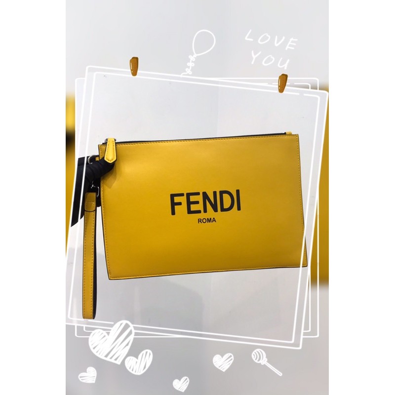 Túi ví, túi clutch da thật cao cấp Fendi Roma FD thiết kế màu vàng in logo đen nổi bật