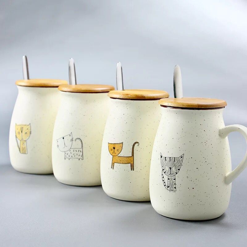 Ly Sứ Cao Cấp Hình Mèo Cartoon 400ml Có Nắp Đậy Kèm Thìa | BigBuy360 - bigbuy360.vn