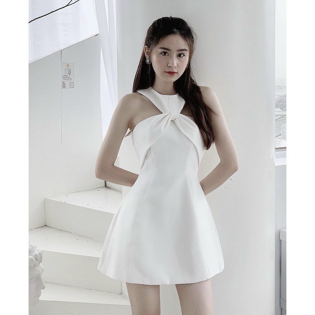 [ Miễn phí ship 2022 ] Đầm trắng đi chơi đi tiệc xinh xắn, váy cổ xoắn umi dáng xoè có mut ngực