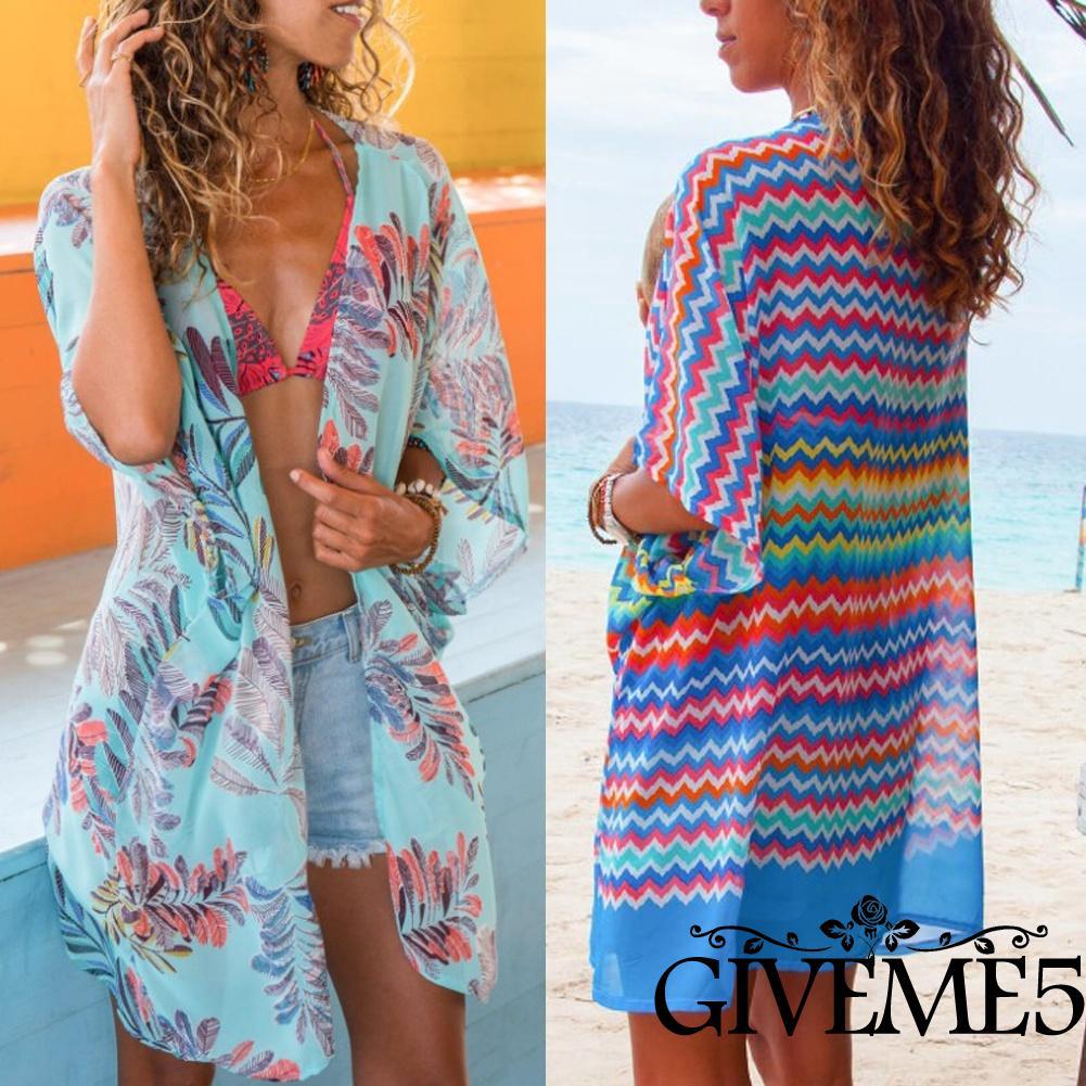 Áo khoác voan in hoa mặc ngoài bikini kiểu kimono