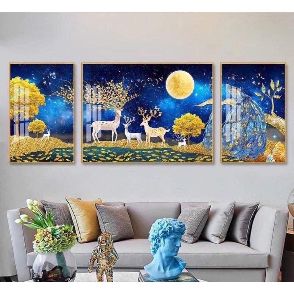 1,6 x 0,8m . bộ 3 tranh hươu 3D tráng gương trang trí phòng khách . có sẵn móc treo và đinh 3 chân
