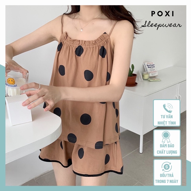 Bộ ngủ nữ hai dây hoạ tiết chấm bi thun cotton mịn phong cách Hàn Quốc