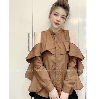 Áo sơmi kiểu nữ tay dài rớt vai bánh bèo xinh xắn