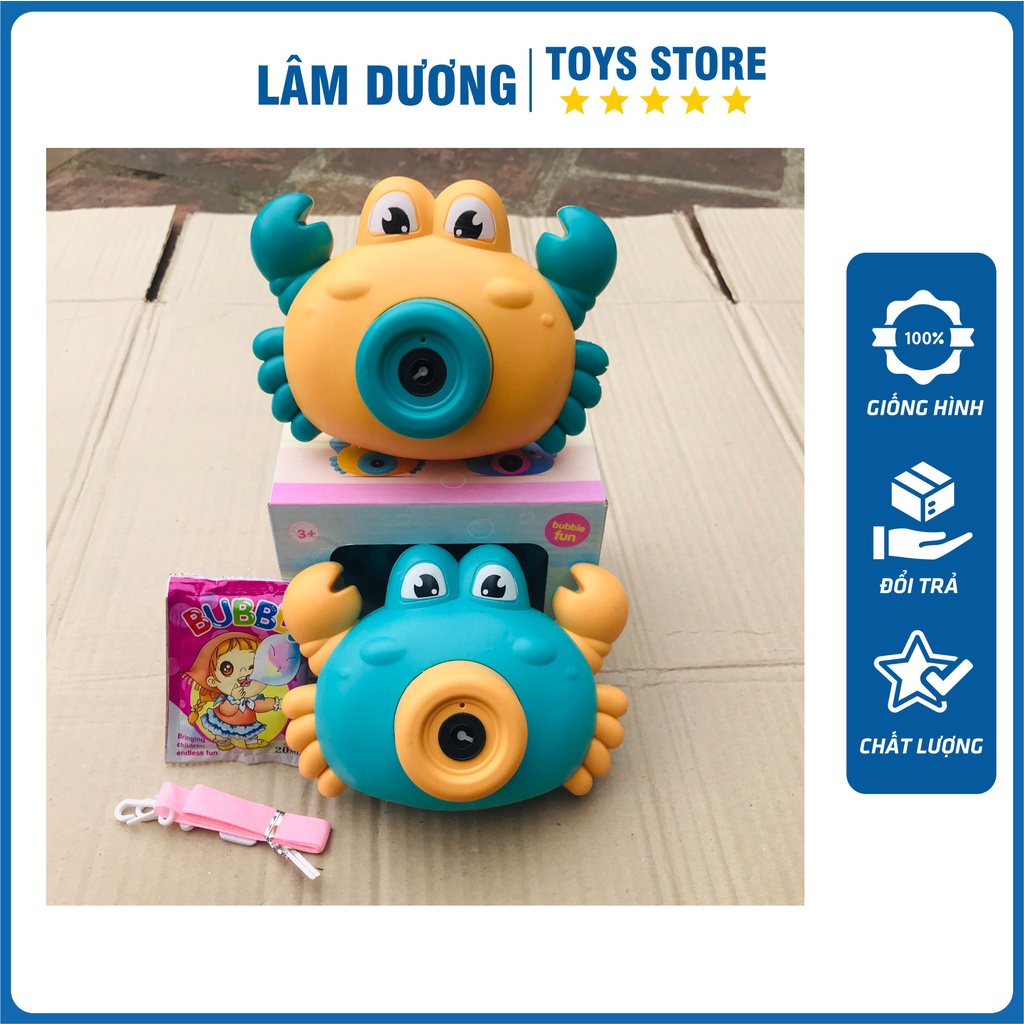 Máy ảnh thổi bong bóng tự động có đèn có nhạc hình con cua ngộ ngĩnh, có kèm xà phòng và dây đeo